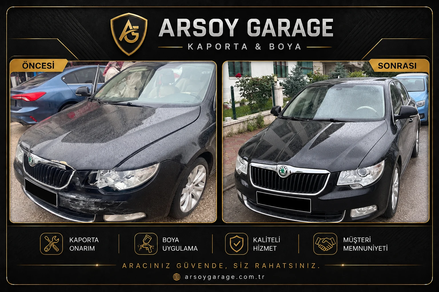 Skoda ön tampon ve far hasarı öncesi ile onarım sonrası