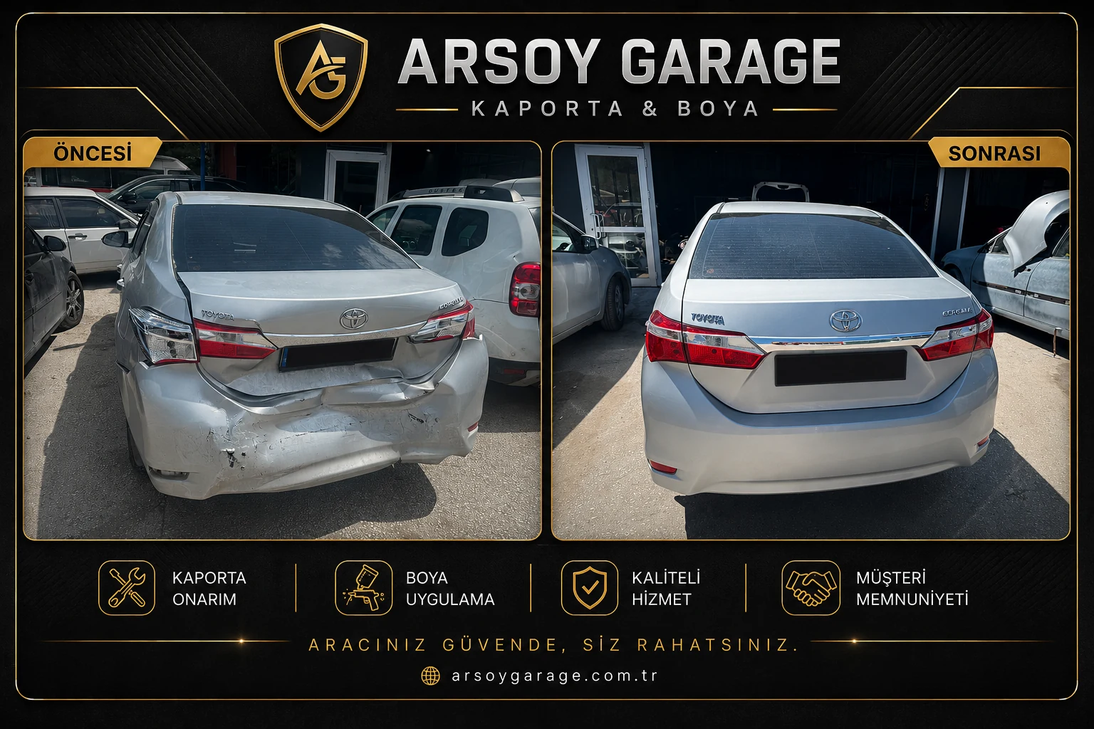 Toyota Corolla arka kaporta hasarı öncesi ve onarım sonrası